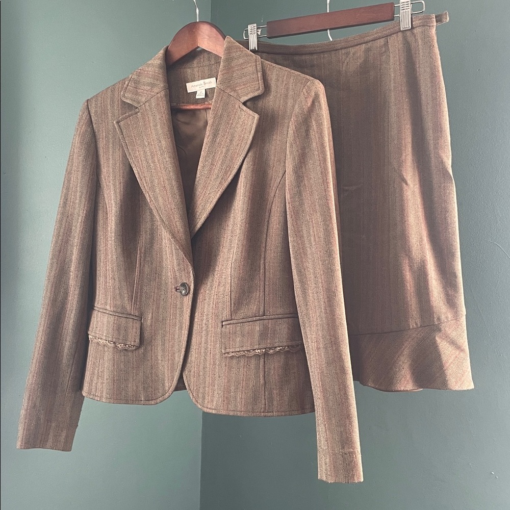 Amanda Smith tan Black and Red Herringbone Suit ruffled hem and lace details